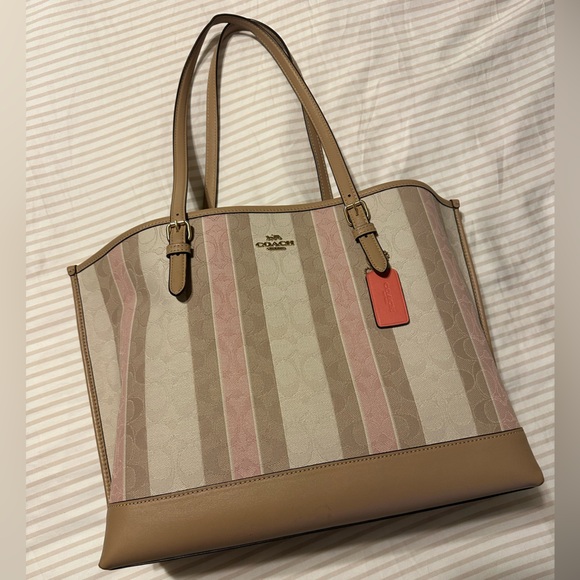 Coach Handbags - Coach Tan and Pink Striped Tote